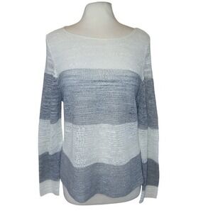 Eileen Fisher Gray & Ivory White Linen Blend Delicate Knit Long Sleeve Top - M